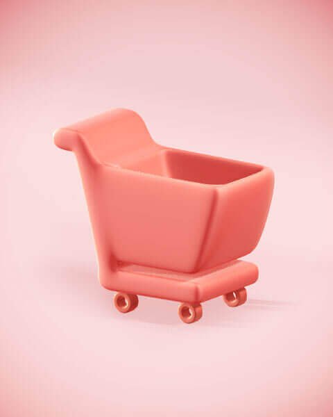 Ilustración 3D de carrito de compras sobre fondo rosa representando servicios de marketing digital y e-commerce