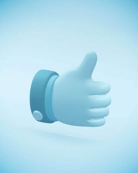 Ilustración 3D de mano dando me gusta sobre fondo azul representando diseño gráfico e identidad visual